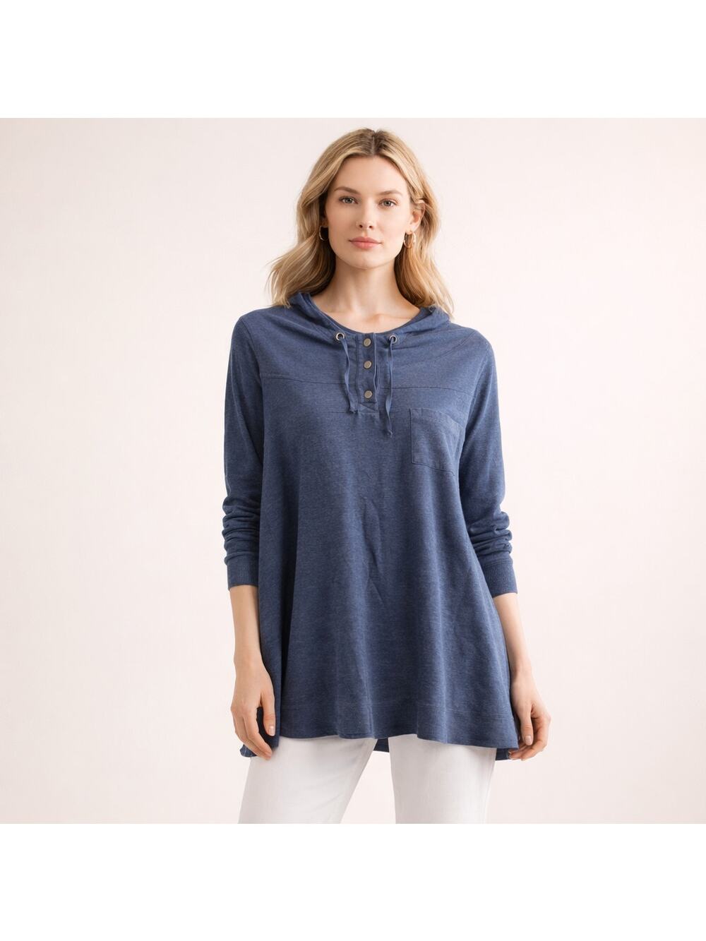 Eileen Fisher Hoodie Top Womens XL Blue Henley Lightweight Relaxed Athleisure
